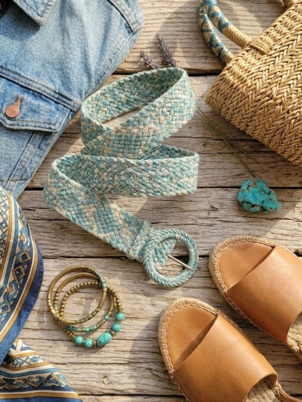 Boho Chic Woven Belt Turquoise & Gold Metallic Detail
